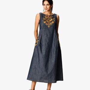 eShakti Floral Embellished Empire Cotton Chambray Dress Sz L-14